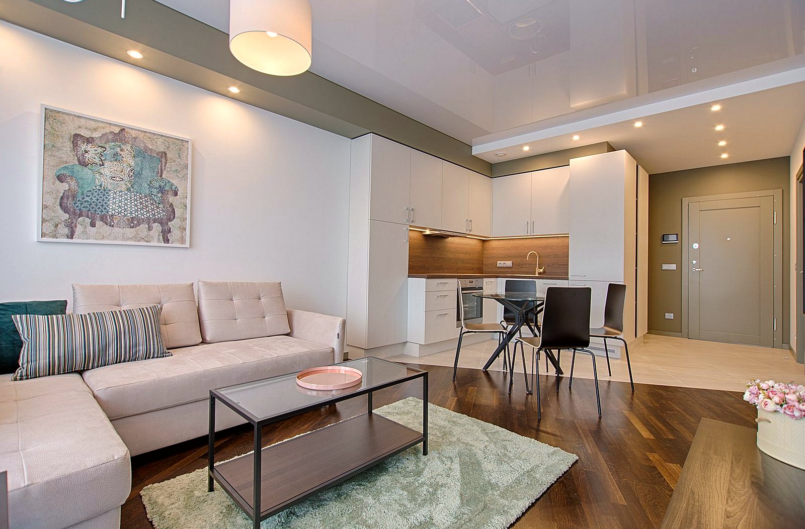 A modest furnished living room and kitchen
